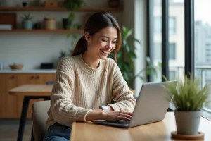 Femme moderne travaillant sur son ordinateur dans un intérieur cosy