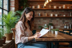 Femme souriante dans un café avec menu et produits artisanaux