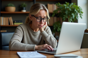 Femme d'âge moyen au bureau à domicile avec expression frustrée