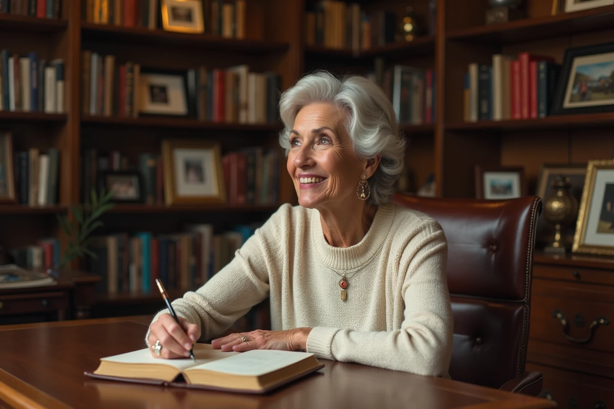 Femme assise écrivant dans un bureau vintage chaleureux