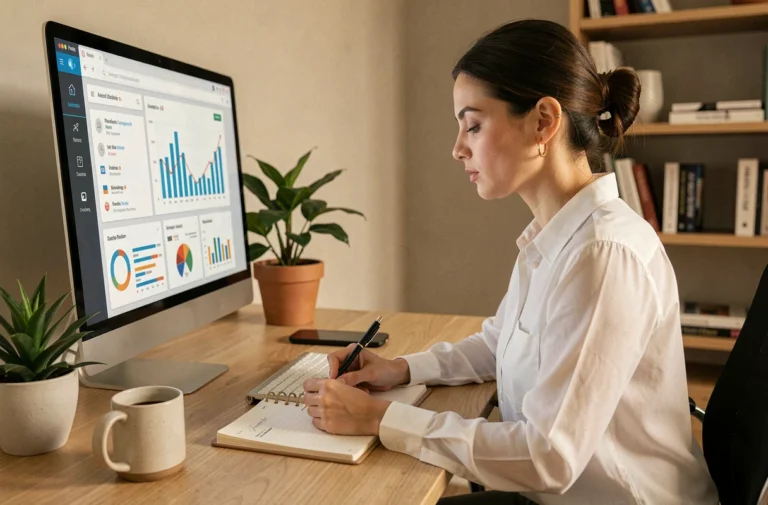 Femme entrepreneur analysant des tableaux de bord analytiques dans un bureau moderne pour optimiser son business en ligne