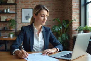 Femme entrepreneur consultant une liste de pages business sur son bureau dans un espace de co-working moderne