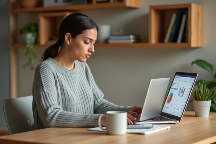 Femme utilisant un outil de gestion de finances personnelles sur ordinateur portable dans un bureau à domicile organisé