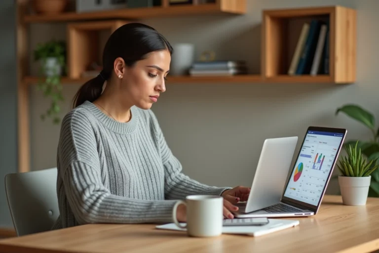 Femme utilisant un outil de gestion de finances personnelles sur ordinateur portable dans un bureau à domicile organisé