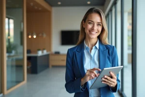 Femme professionnelle pointant un plan digital sur une tablette