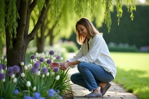 Femme en jardinage avec salix integra Hakuronishiki