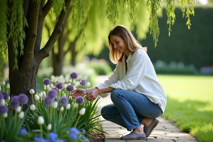 Femme en jardinage avec salix integra Hakuronishiki