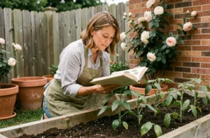 Femme jardinière consultant un carnet de jardinage près d'un potager surélevé en bois avec des plants de tomates