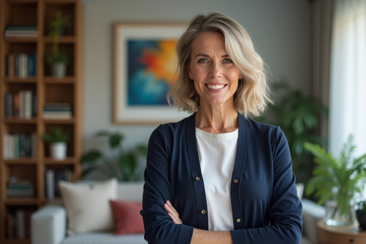Femme âgée dans un salon cosy avec livres et plantes