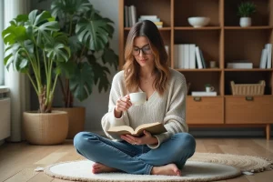 Femme assise lisant un livre en buvant une tisane dans un salon