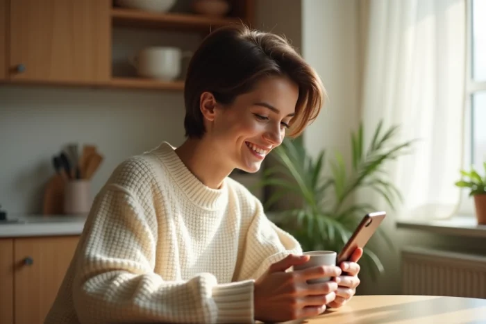 Jeune femme souriante lisant un message affectueux avec le surnom coco sur son téléphone dans une cuisine chaleureuse