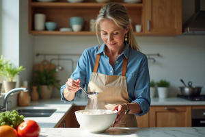 Femme en cuisine mesurant de la farine dans un bol