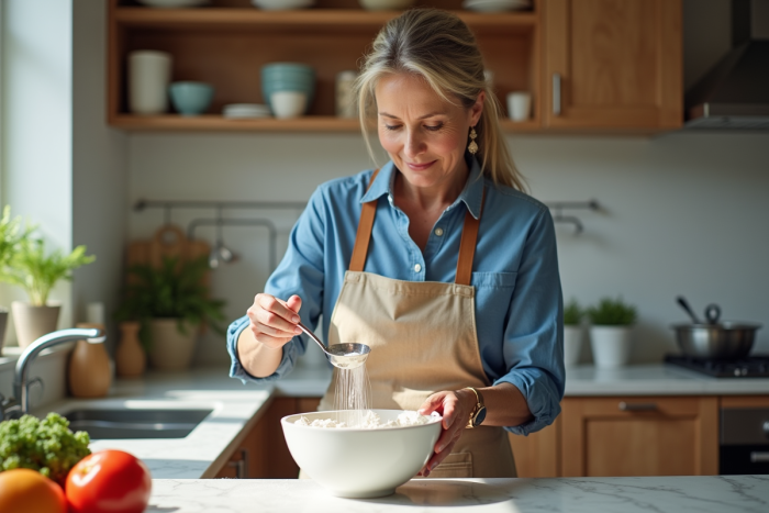 Femme en cuisine mesurant de la farine dans un bol