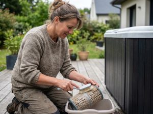 Femme nettoyant un filtre spa à l'extérieur dans un jardin