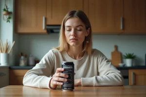 Femme regardant l'étiquette d'une canette de soda noir