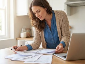 Jeune femme organise ses notes dans un planner budget