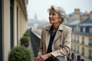 Femme élégante sur un balcon parisien avec vue urbaine