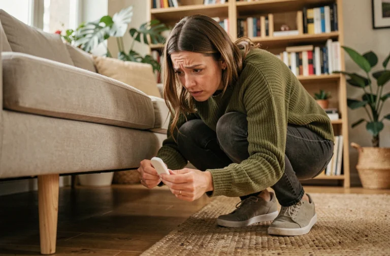 Femme retrouvant un objet perdu sous son canapé grâce à un traceur Bluetooth RabbitFinder