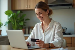 Femme souriante réservant un vol sur son ordinateur portable