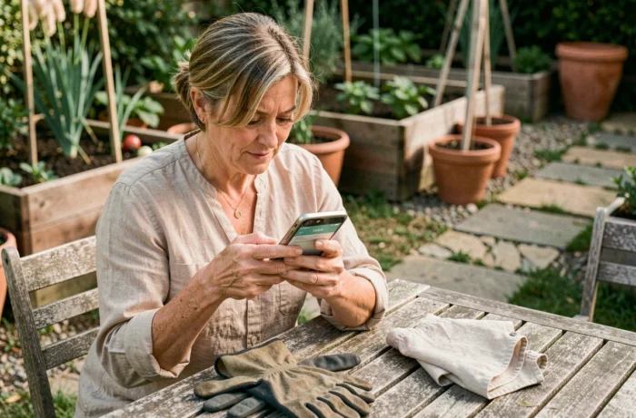 Une femme contacte un expert jardin via son smartphone depuis son jardin, illustrant la recherche de professionnels en ligne