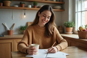 Femme souriante dans une cuisine chaleureuse avec mug et notes