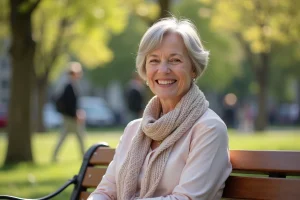 Femme souriante dans un parc ensoleille avec fleurs