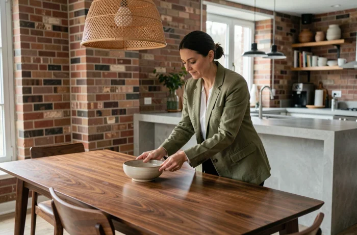Femme élégante arrangeant des accessoires sur une table de salle à manger en noyer, intérieur design avec mobilier fonctionnel et chaleureux