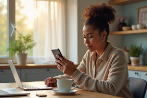 Jeune femme utilisant une application bancaire sur smartphone à la maison