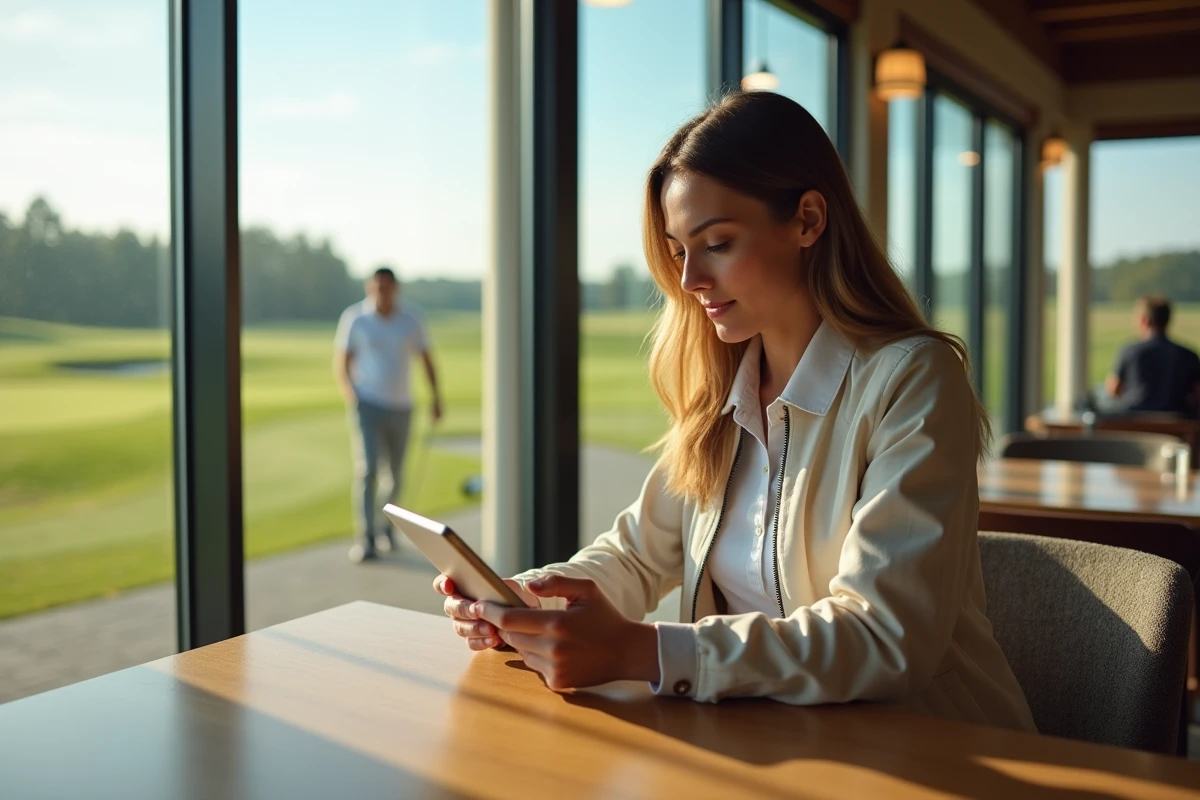 Femme dans un club de golf utilisant une tablette en extérieur