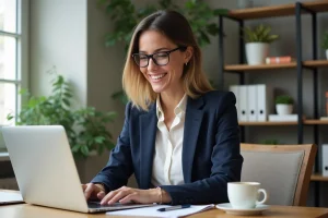 Femme en visioconference dans un bureau lumineux