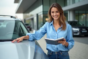 Femme souriante devant une voiture dans un concessionnaire