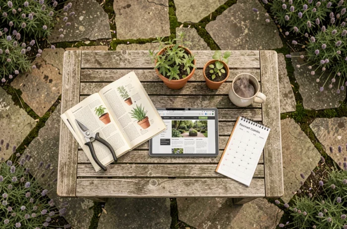 Vue aérienne d'une table de jardin avec guide botanique, outils, plants d'herbes aromatiques et tablette affichant un site de jardinage