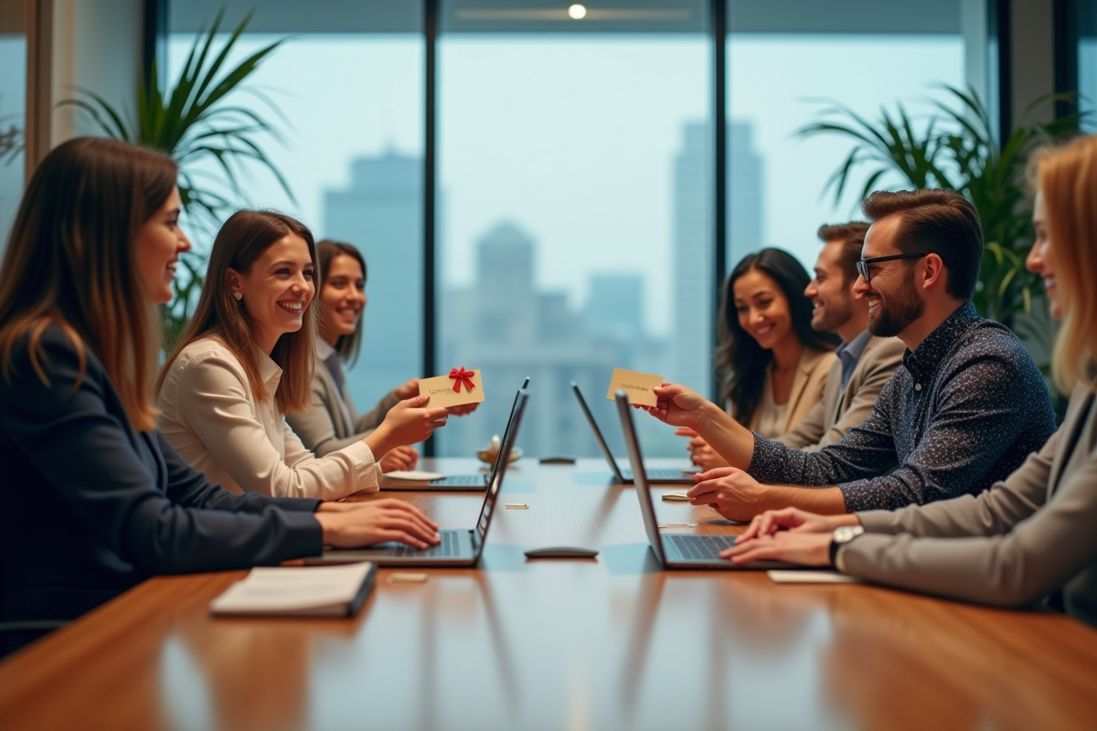 Groupe divers de professionnels échangeant des cartes cadeaux en réunion