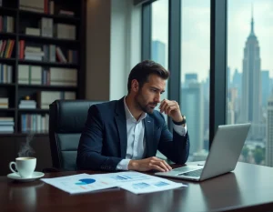 Homme d'affaires en costume marine analysant des graphiques financiers sur un ordinateur portable dans un bureau moderne avec vue sur la ville