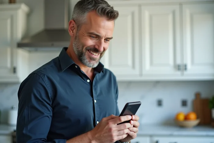Homme consultant une application de suivi de budget personnel sur smartphone dans une cuisine moderne