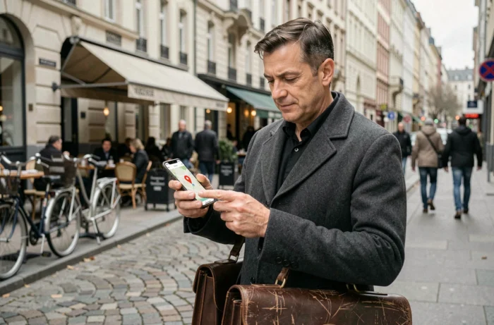 Homme utilisant une application de localisation sur smartphone pour retrouver un objet perdu en ville