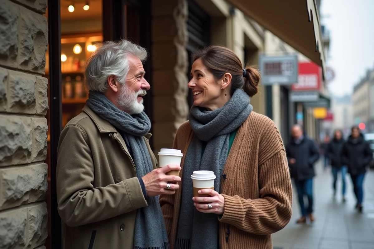 Homme et femme discutant devant une boutique de café