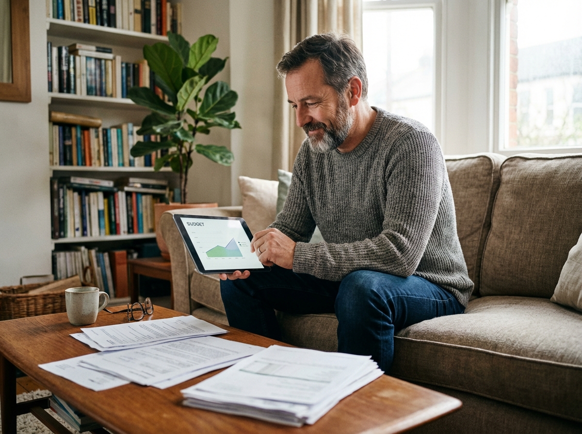 Homme consulte une application financière sur sa tablette