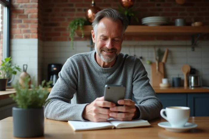 Homme gérant son budget personnel avec une application de finance sur smartphone à la maison