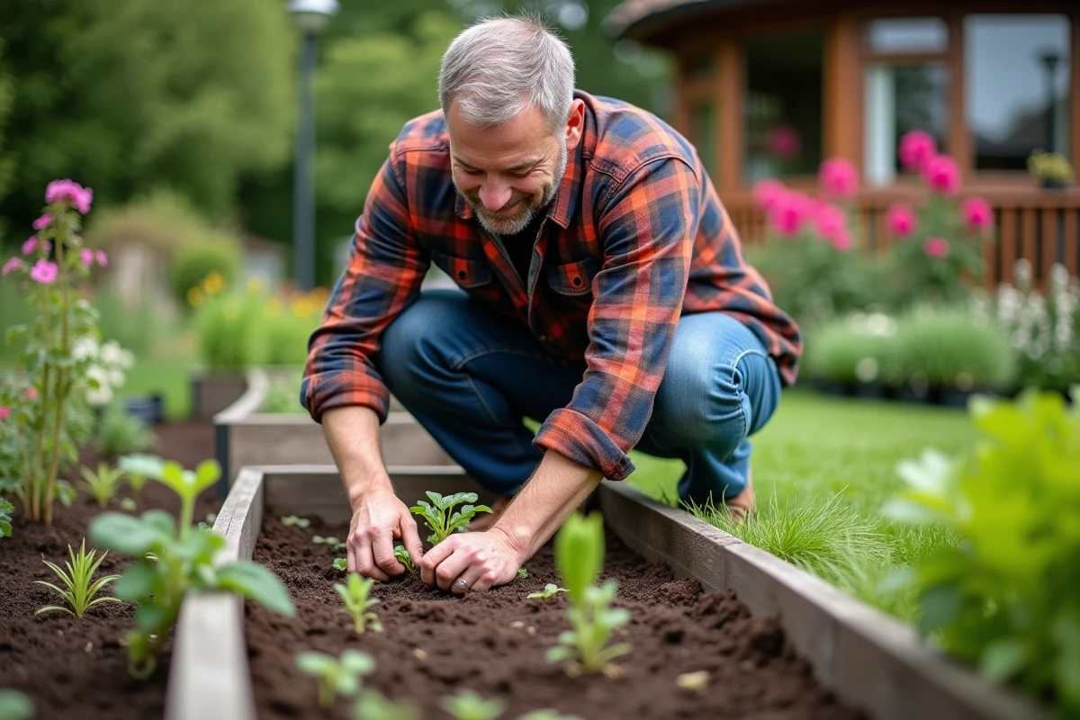 Homme en extérieur plantant des légumes dans le jardin