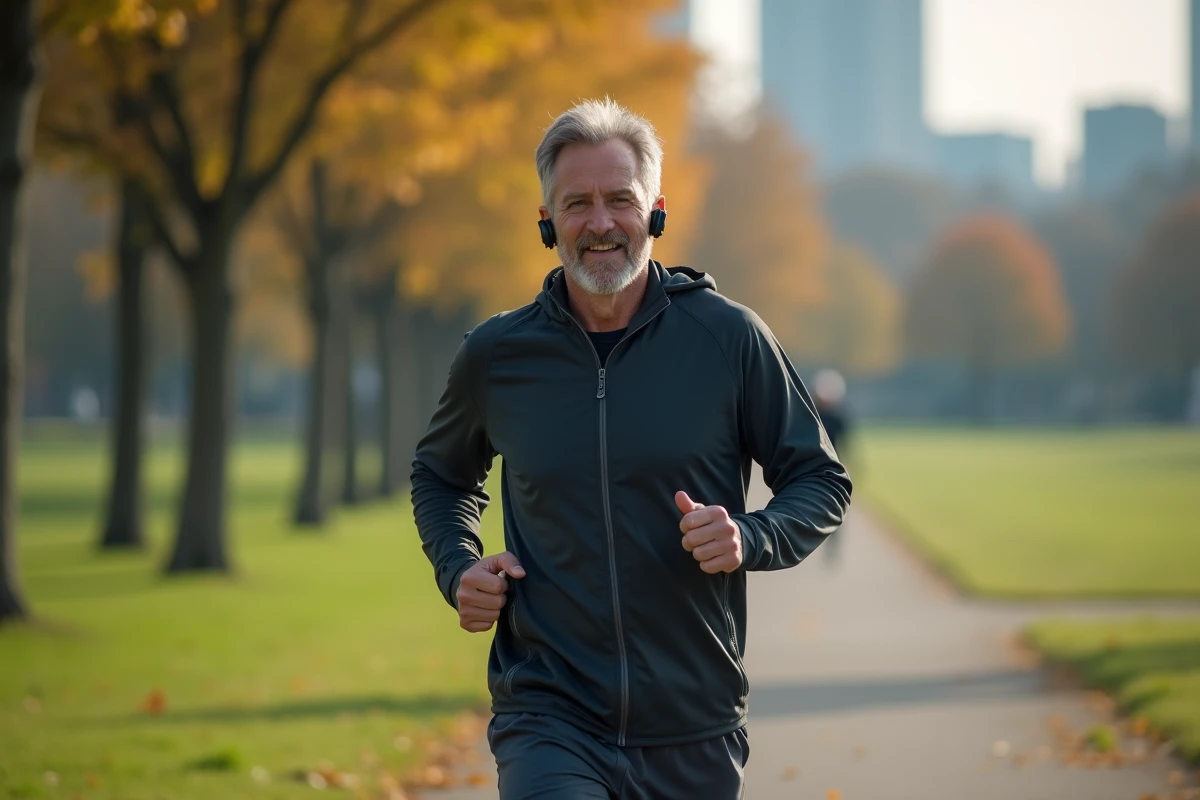 Homme en jogging courant dans un parc avec skyline en arrière-plan