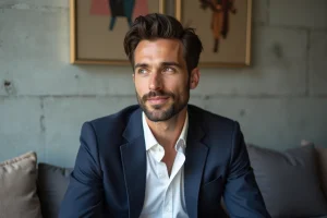 Homme élégant en blazer navy et chemise blanche