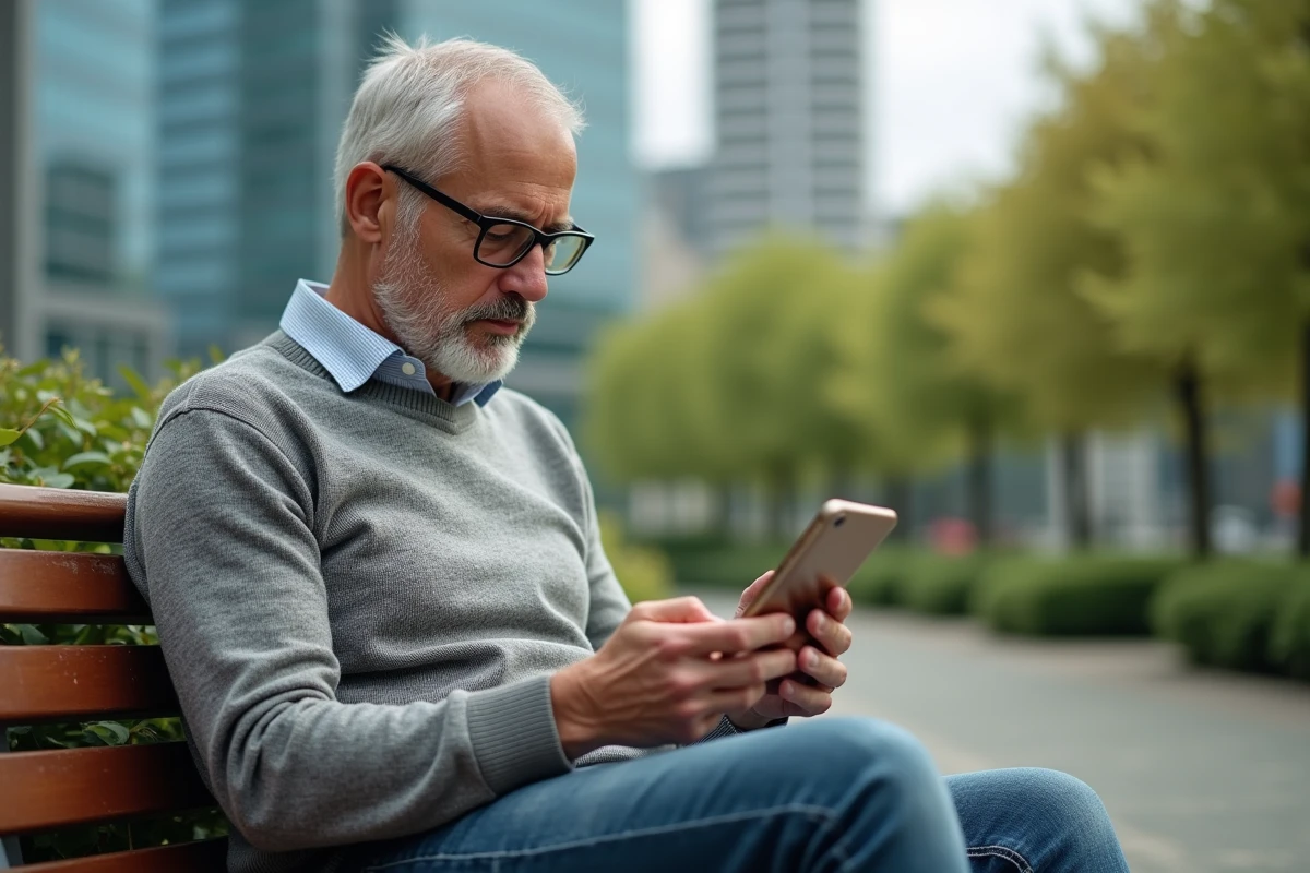 Homme lisant des nouvelles financières sur son smartphone en plein air