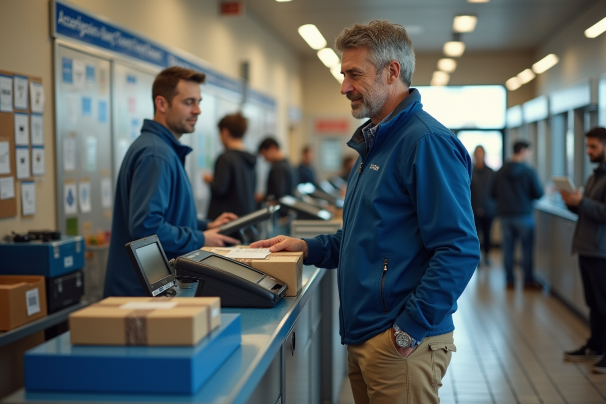 Homme scannant un colis dans un bureau de poste animé