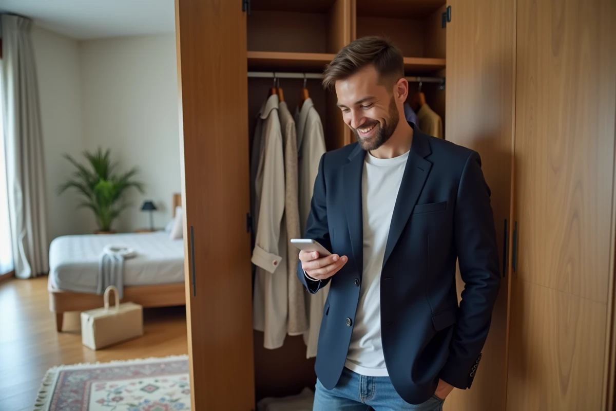 Homme souriant utilisant une application de shopping à la maison