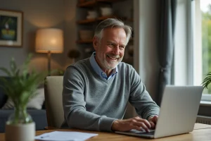 Homme d'âge moyen souriant devant son ordinateur à la maison