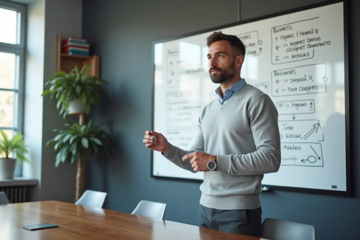 Homme d'affaires présentant une carte stratégique des pages entrepreneuriales sur un tableau blanc en salle de réunion