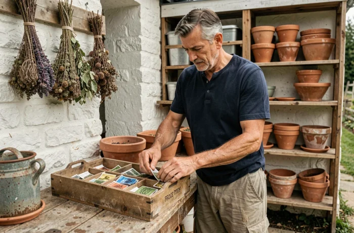 Homme jardinier organisant des sachets de graines sur un établi de rempotage en bois devant un cabanon de jardin