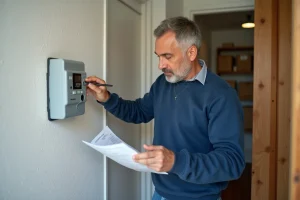 Homme vérifiant un compteur électrique EDF dans un couloir