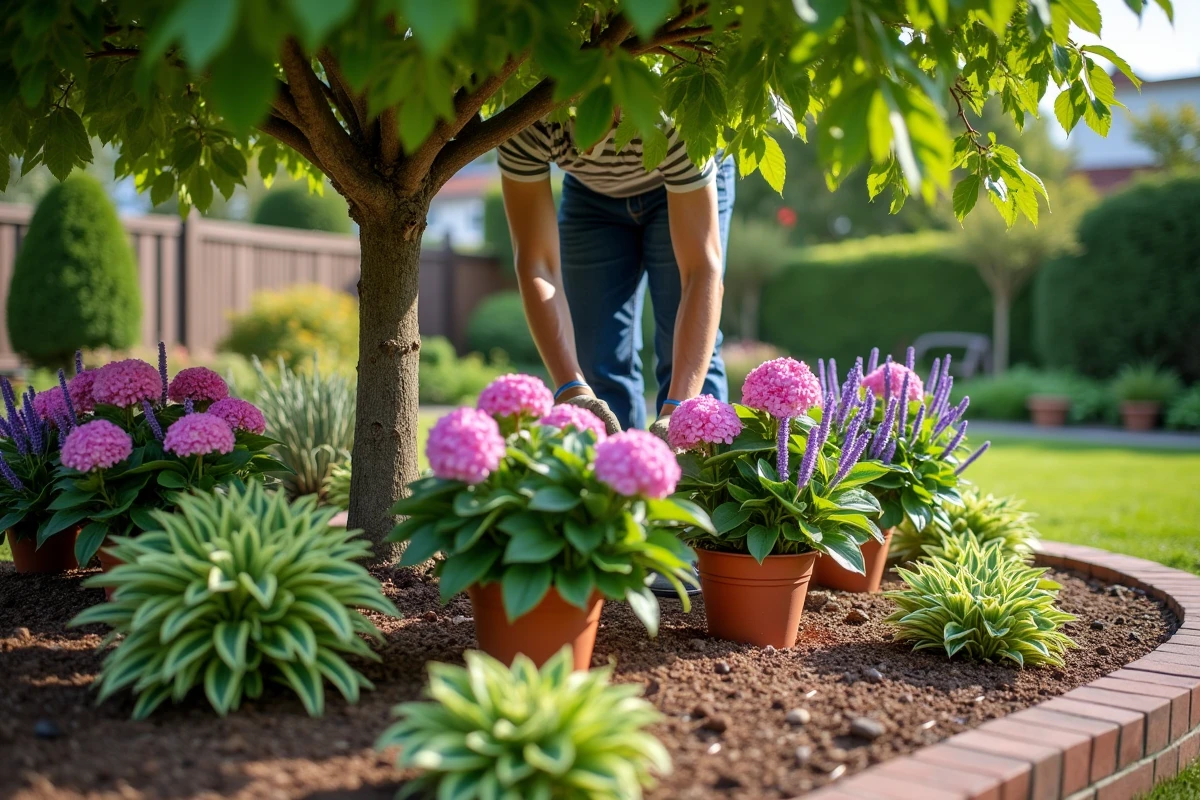Jeune homme plantant pots de fleurs dans le jardin
